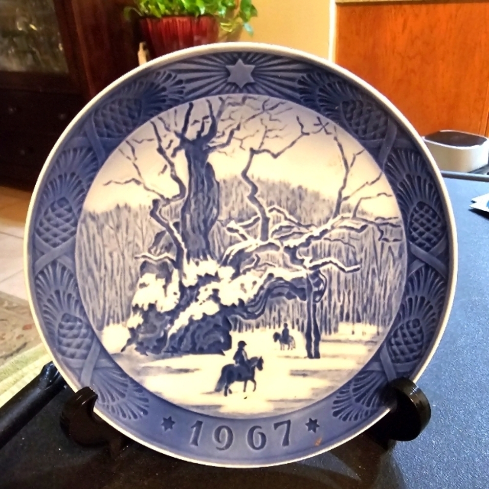 Blue Decorative Plate with Horse and Tree Design